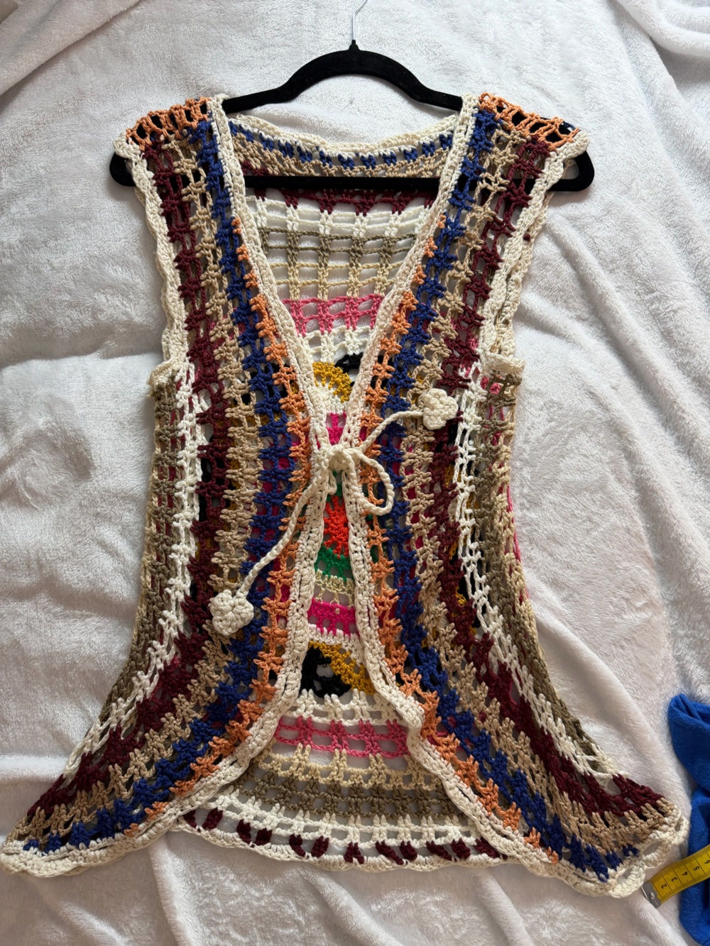 Handcrafted Multicolor Crochet Open-Front Women's Vest with Tie